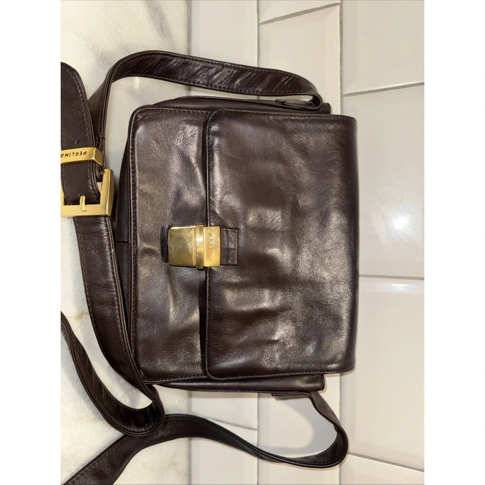Vintage Perlina Dark Brown‎  Leather Crossbody Bag & Organizer Purse GW997
